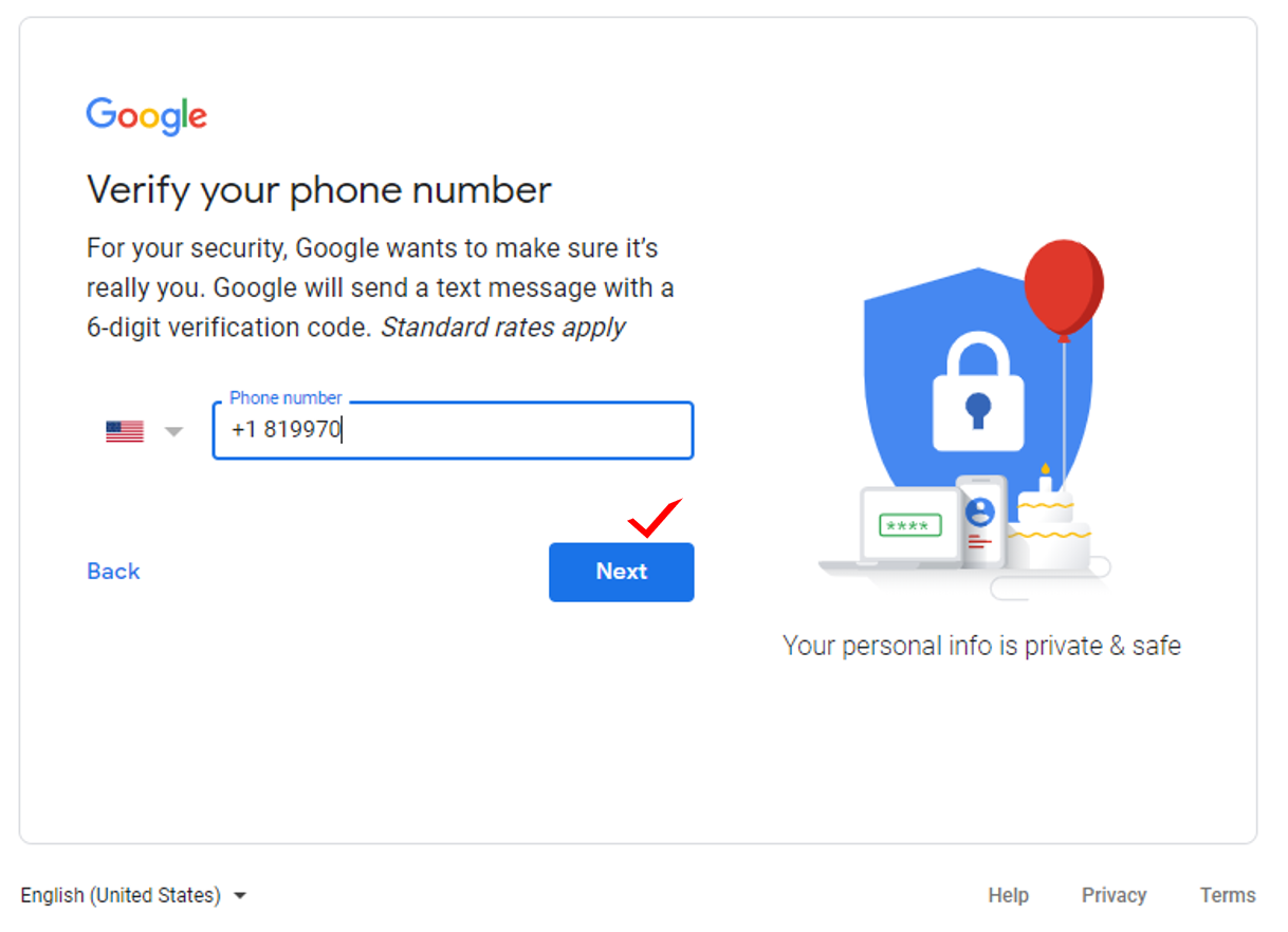 Enter the phone number to receive a verification number to create your Goog...